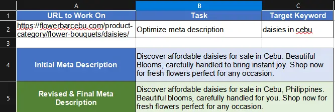 Screenshot of optimizing a meta description for a daisies page