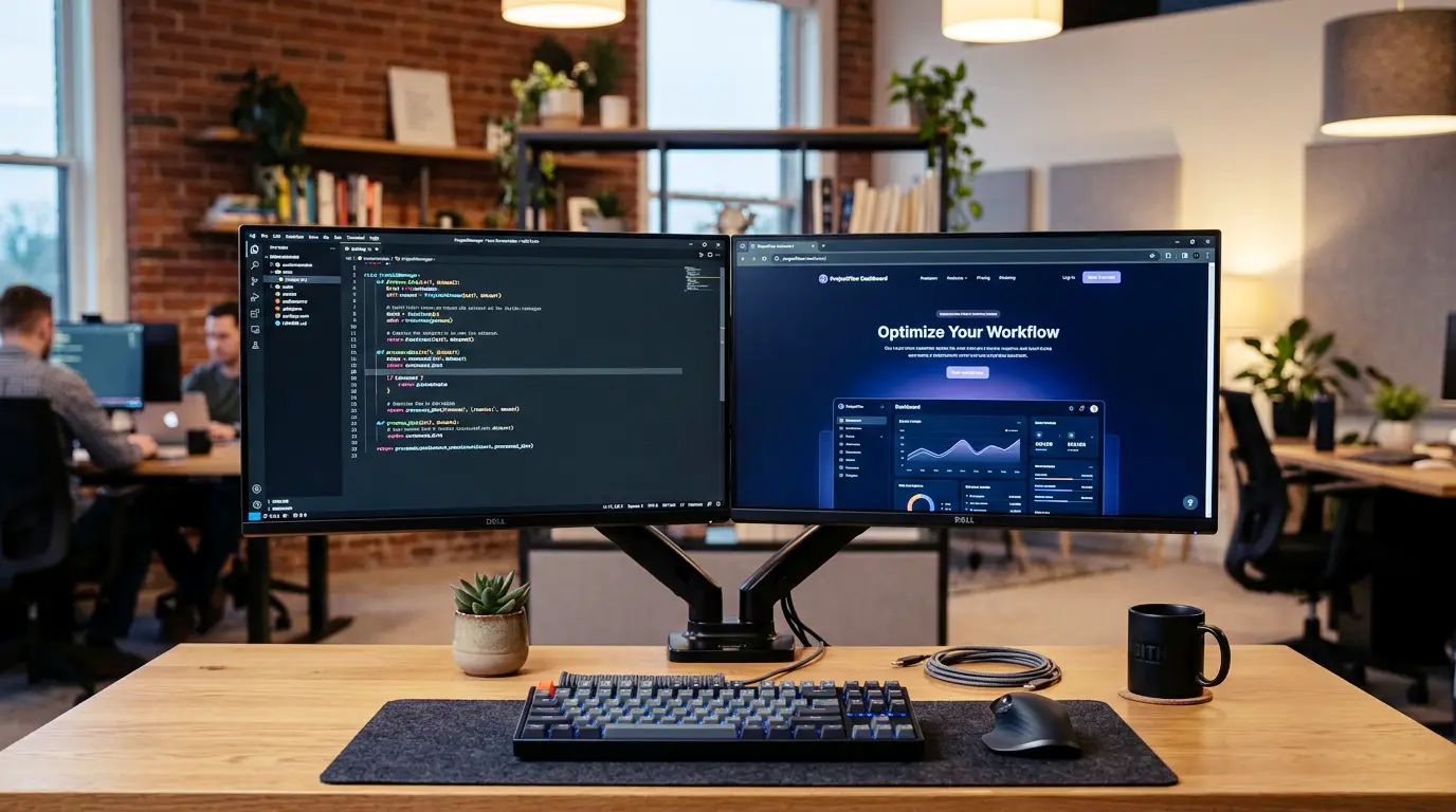 Dual monitor setup showing code editor and web application dashboard for full-stack development.