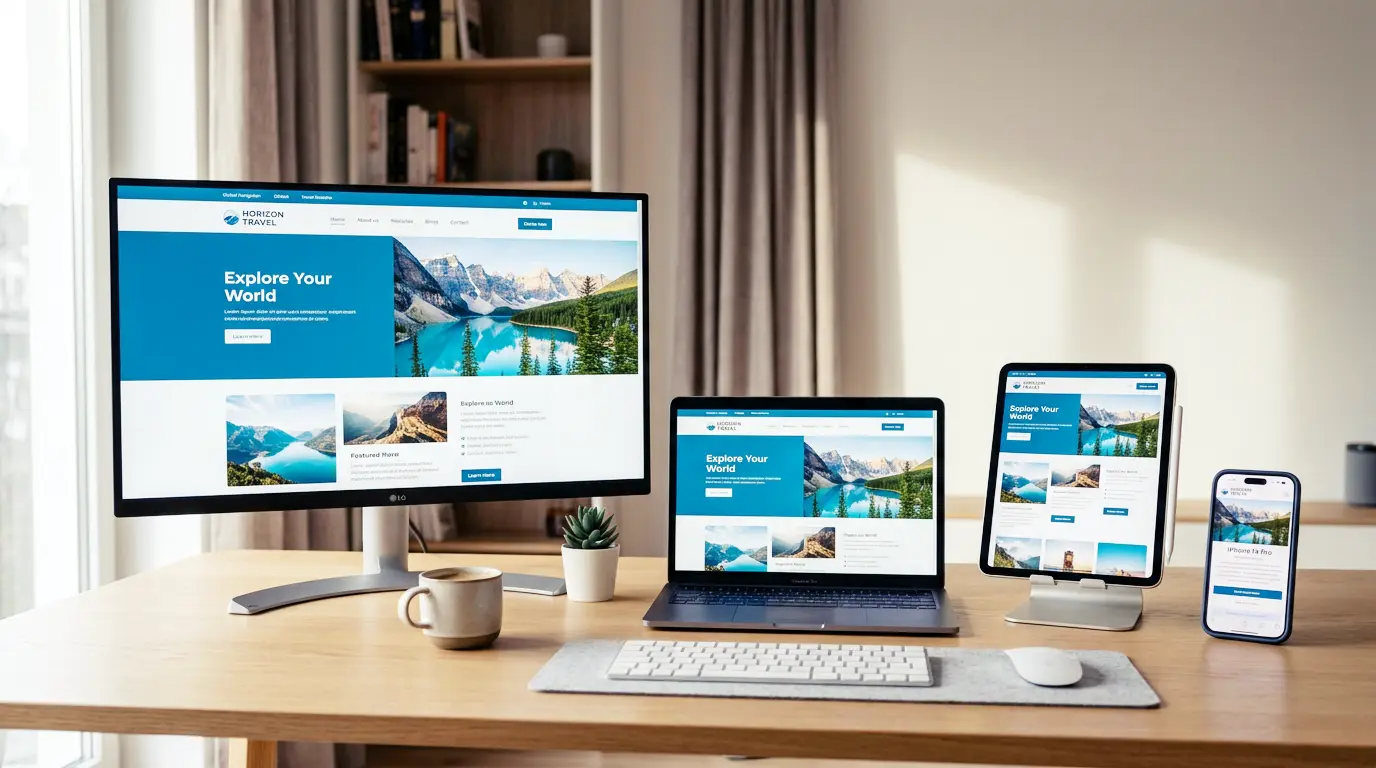 Responsive website design displayed on desktop, laptop, tablet, and mobile devices.