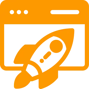 SEO optimization services icon with rocket launching from a browser window.