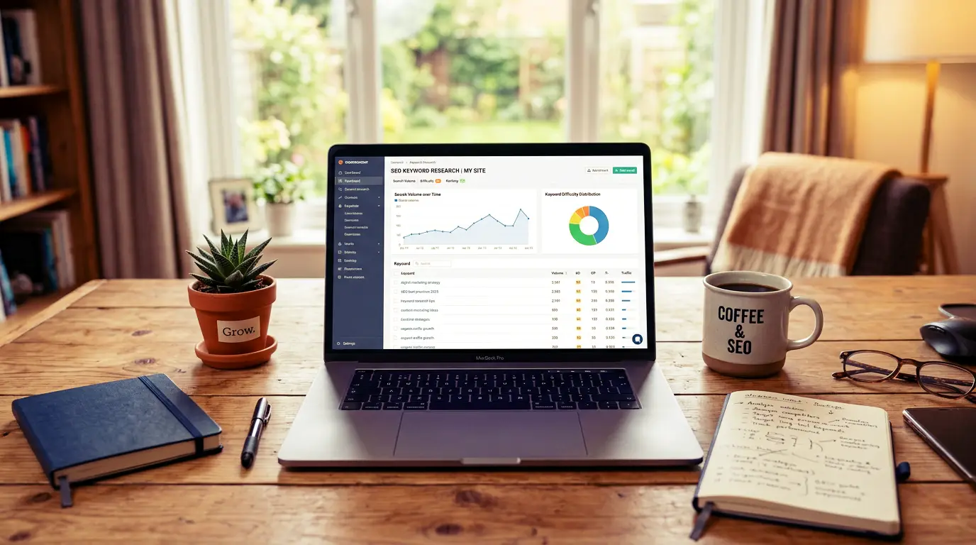 SEO keyword research dashboard showing search volume trends and keyword difficulty analysis.