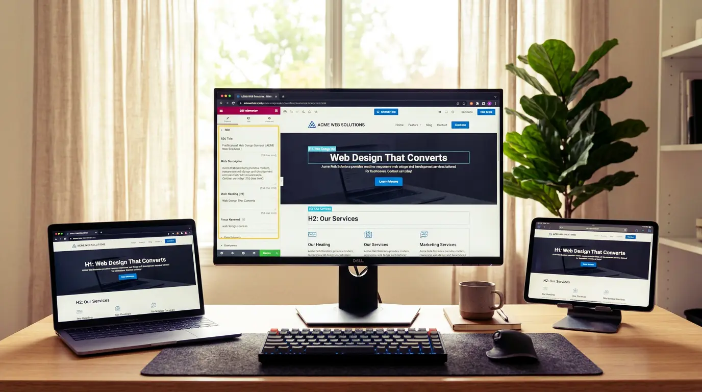 SEO-optimized website shown across multiple devices with meta title and description editor open.