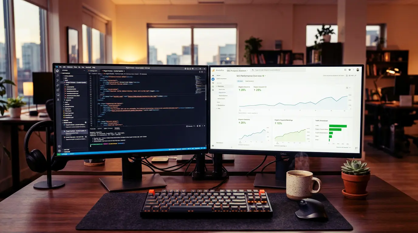 Dual monitors displaying website code and SEO performance analytics with organic traffic growth.