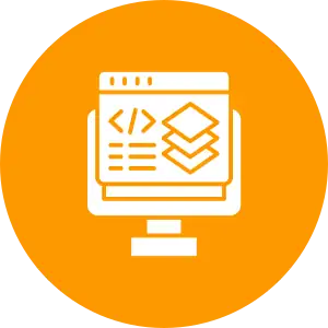 Technical SEO and web development icon showing code editor with design layers.