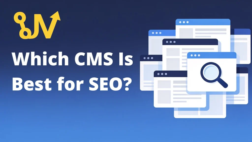 "Which CMS Is Best for SEO" blog banner with multiple website browser windows and a search magnifying glass icon clustered tightly on the far right side only